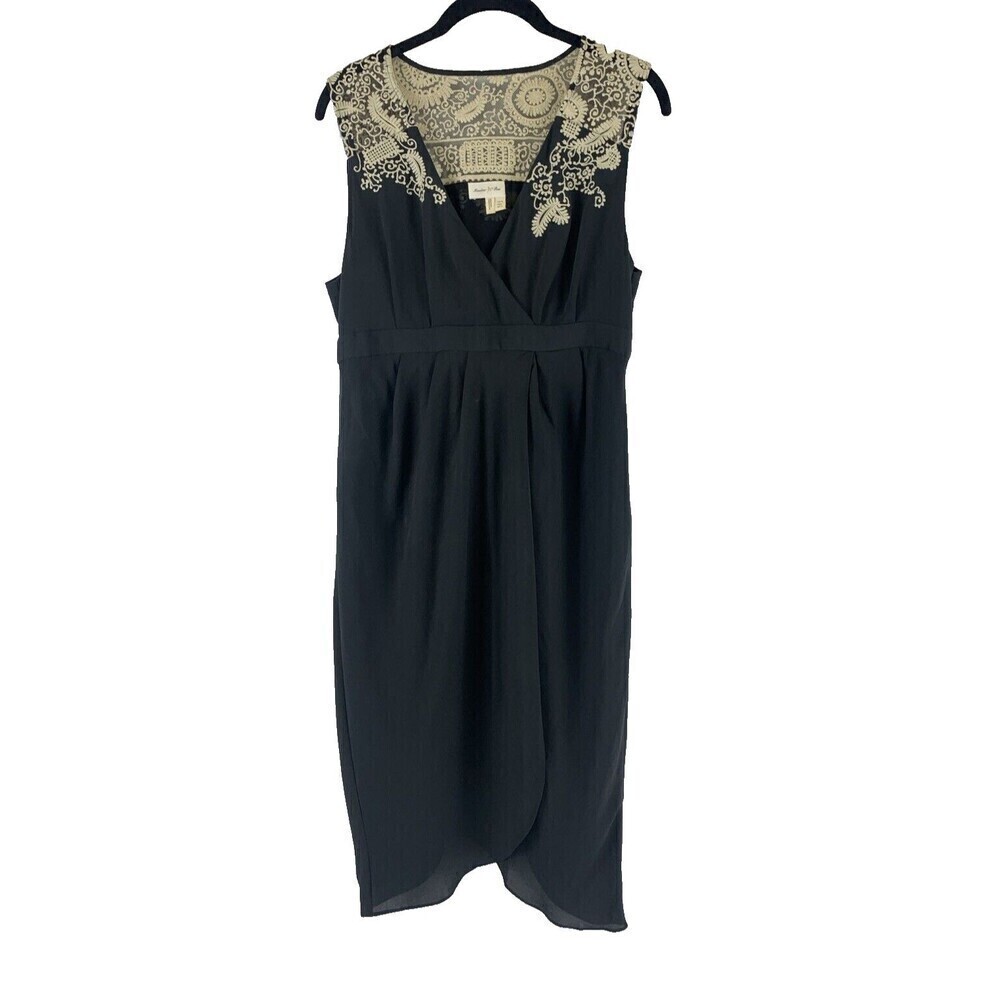 Meadow Rue Dress Tulip Hem Sleeveless Chiffon Embroidered V-Neck Black Womens 8